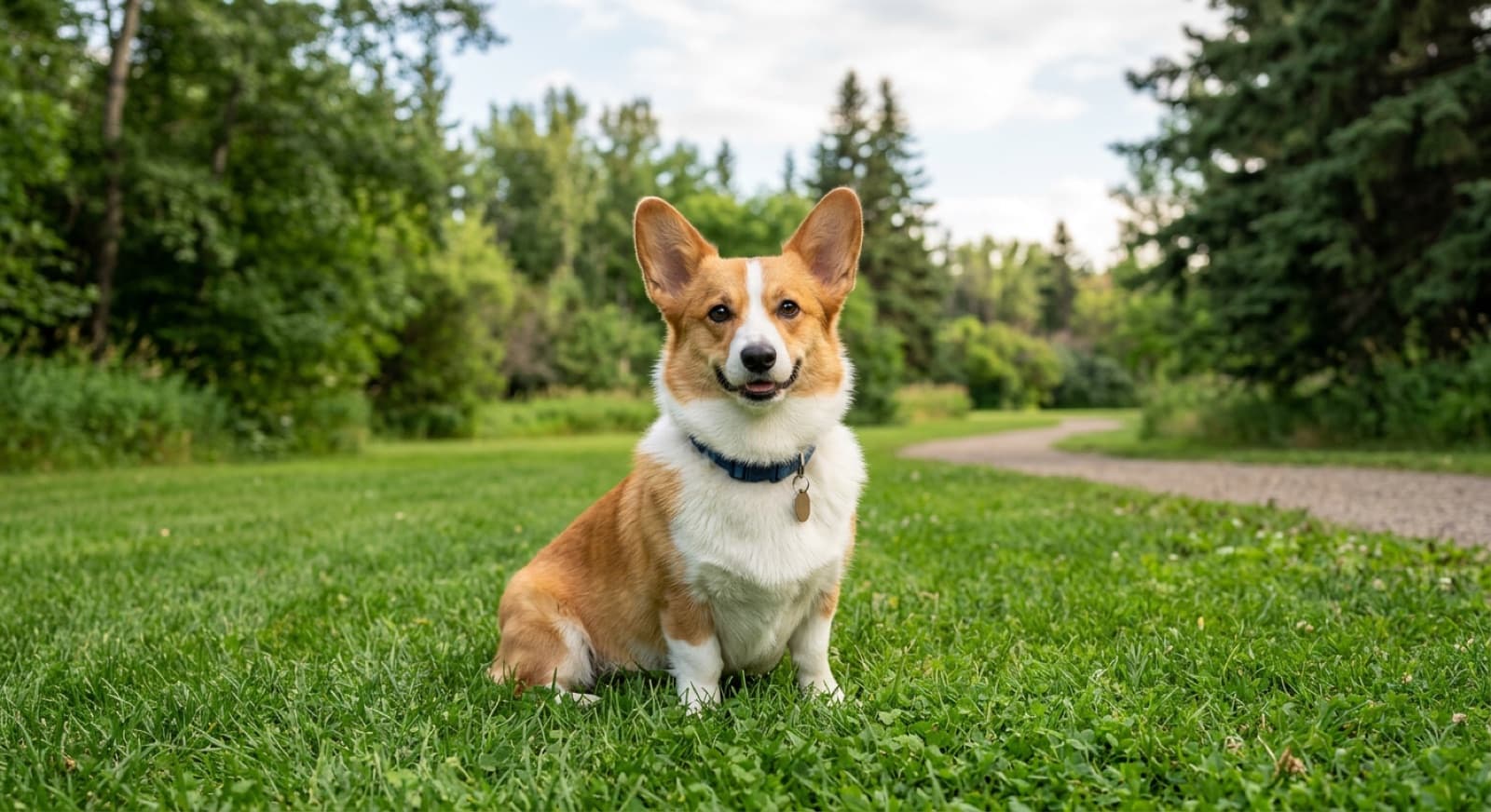 An adult Pembroke Welsh Corgi with classic red-and-white coat sitting alert on green parkland in an Edmonton outdoor setting, characteristic large pointed ears and short legs visible