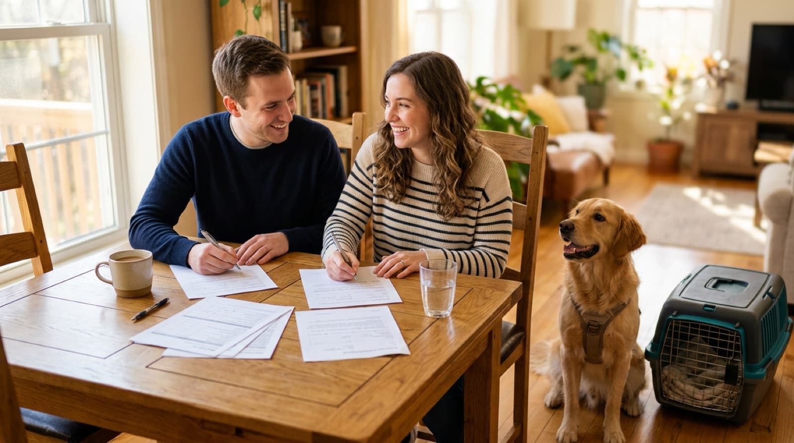 A happy couple completing adoption paperwork with a dog and a cat carrier beside them