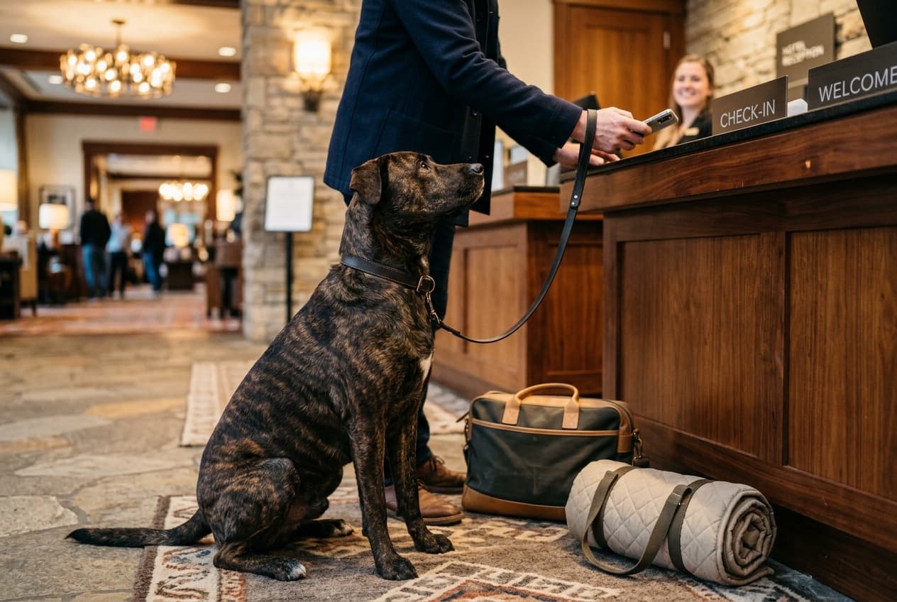Owner checking in at a Calgary hotel front desk with a calm rescue dog on a leash beside their luggage