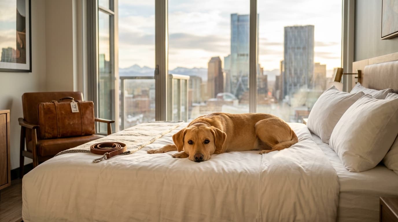 Friendly mixed-breed rescue dog relaxing on a hotel bed in a pet-friendly Calgary hotel room with the downtown skyline visible through the window