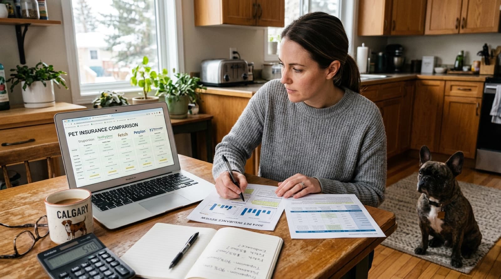 A French Bulldog owner reviewing pet insurance plan comparison documents at a Calgary kitchen table