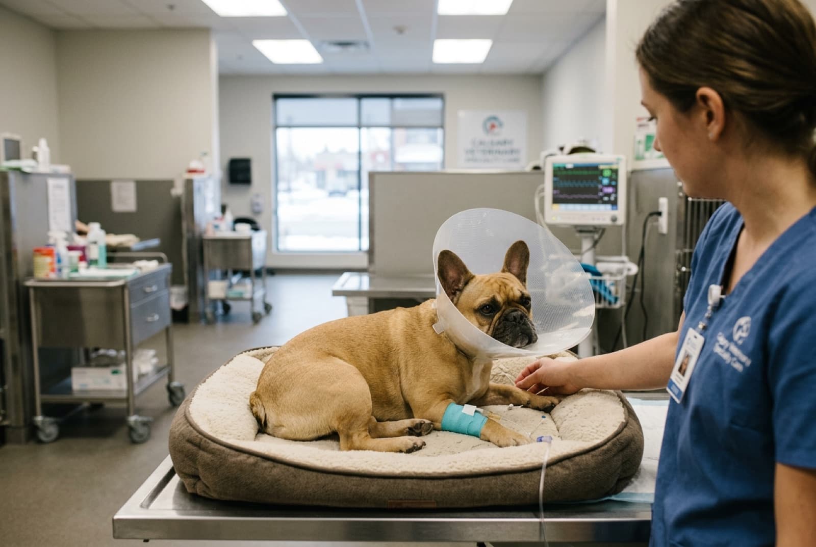 A French Bulldog at a Calgary specialty surgery hospital recovering from surgery, illustrating where pet insurance pays off