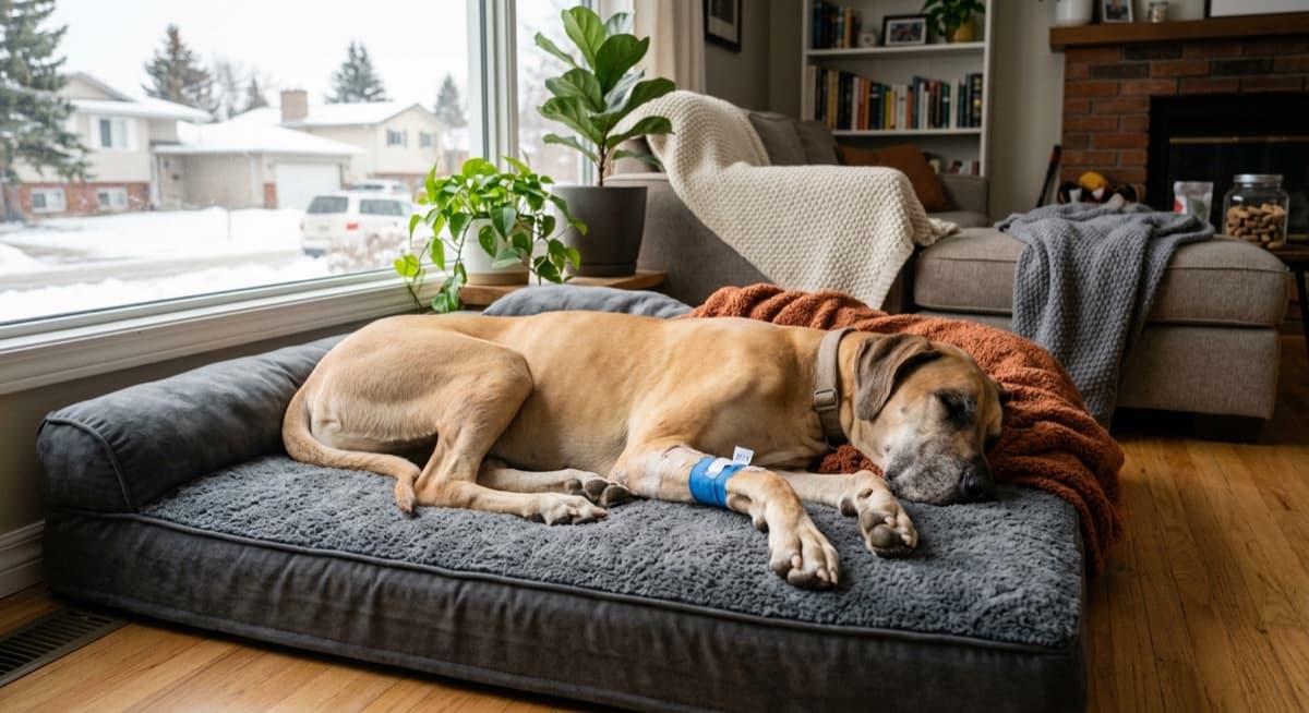 A Great Dane owner reviewing pet insurance comparison documents at a Calgary kitchen table