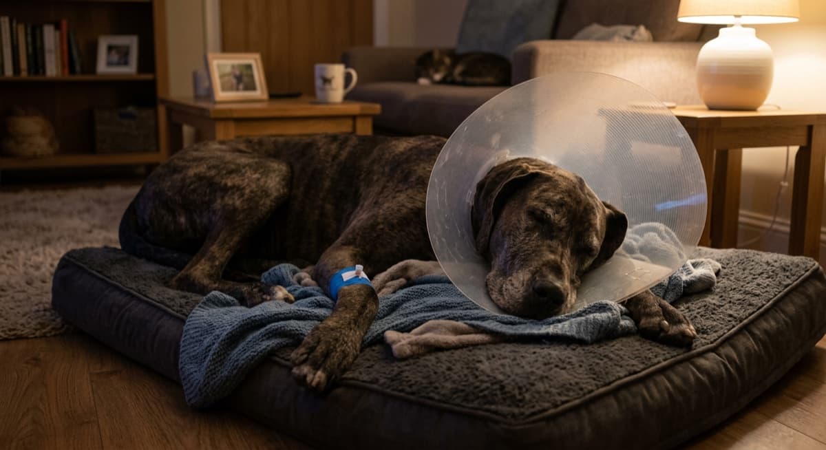 A Great Dane resting on a padded bed during recovery at a Calgary veterinary clinic, illustrating the kind of post-surgical care pet insurance covers