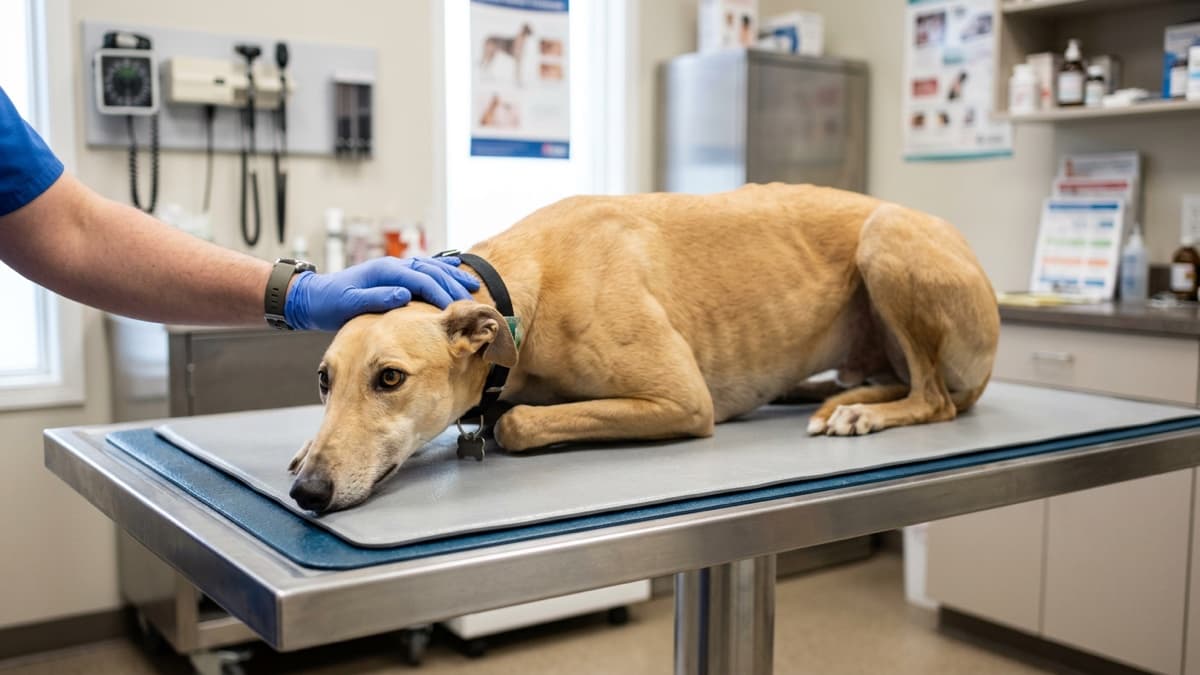 A Greyhound owner reviewing pet insurance comparison documents at a Calgary kitchen table