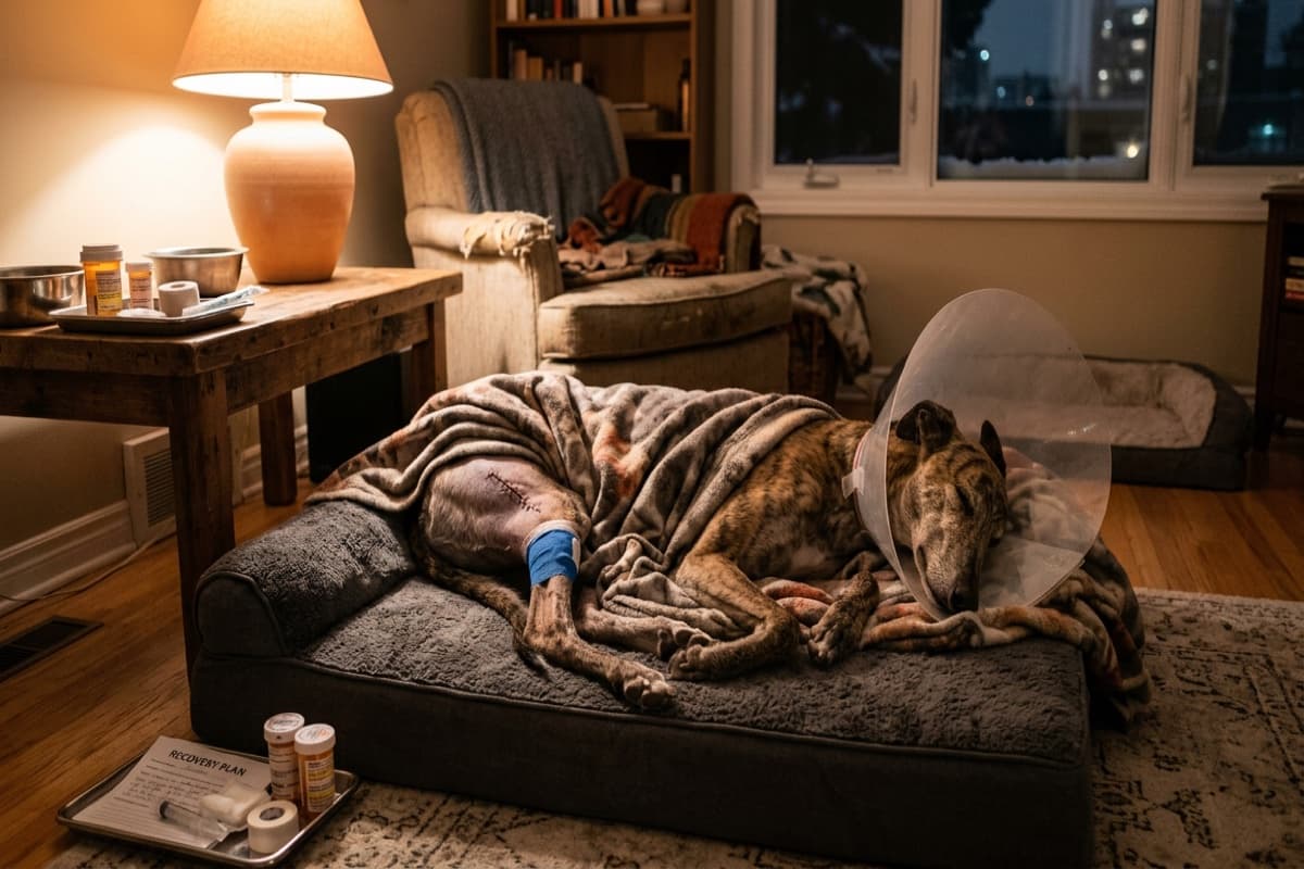 A retired racing Greyhound resting on a padded bed during recovery after a Calgary veterinary procedure, illustrating where pet insurance pays off