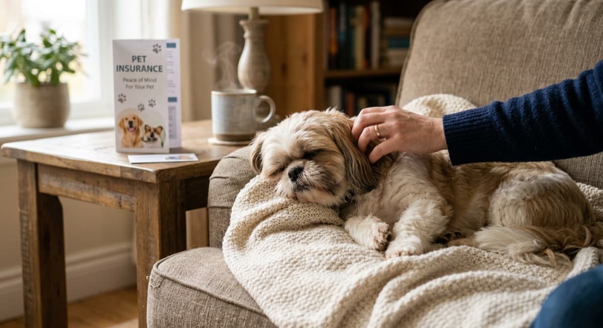 A Shih Tzu owner reviewing pet insurance plan documents at a Calgary kitchen table