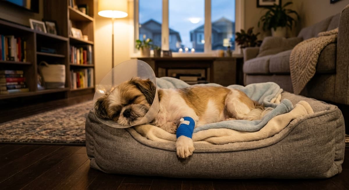A Shih Tzu resting on a soft bed after a Calgary veterinary appointment, illustrating where pet insurance pays off across a long lifespan