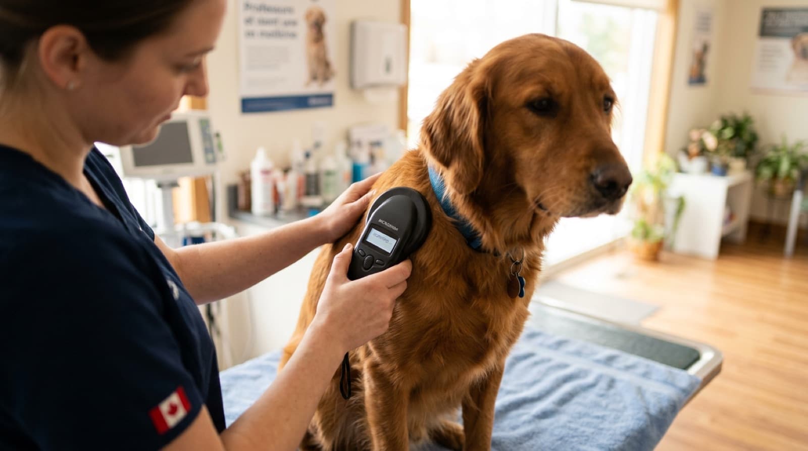 A veterinarian scanning a calm dog for a microchip with a handheld universal scanner