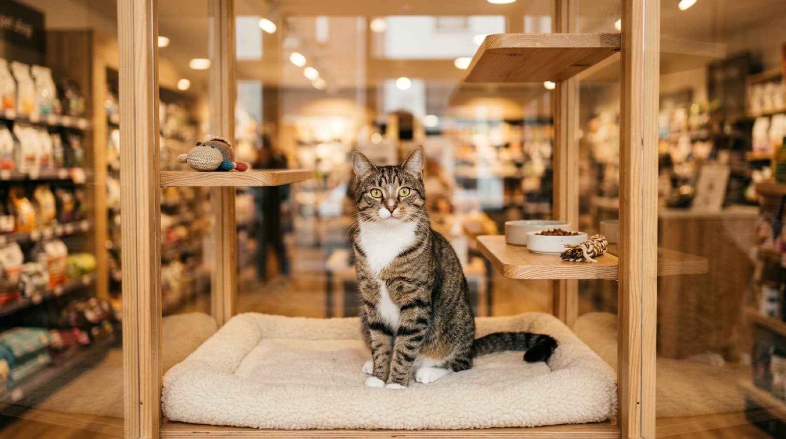 A tabby cat looking out from a cozy glass-fronted adoption habitat in a pet store