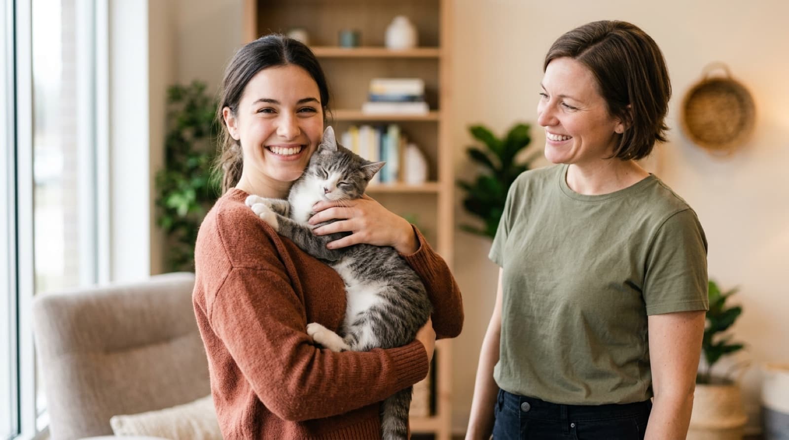A woman gently holding a young cat she is meeting for adoption inside a bright store