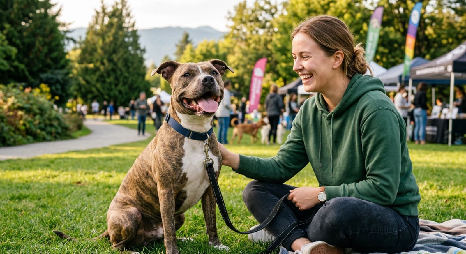 A happy pit-bull-type dog with a wide smile sitting beside a person at a Vancouver adoption event