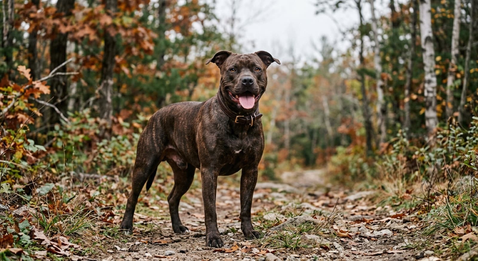 A healthy muscular pit-bull-type dog standing alert outdoors on a cool West Coast day