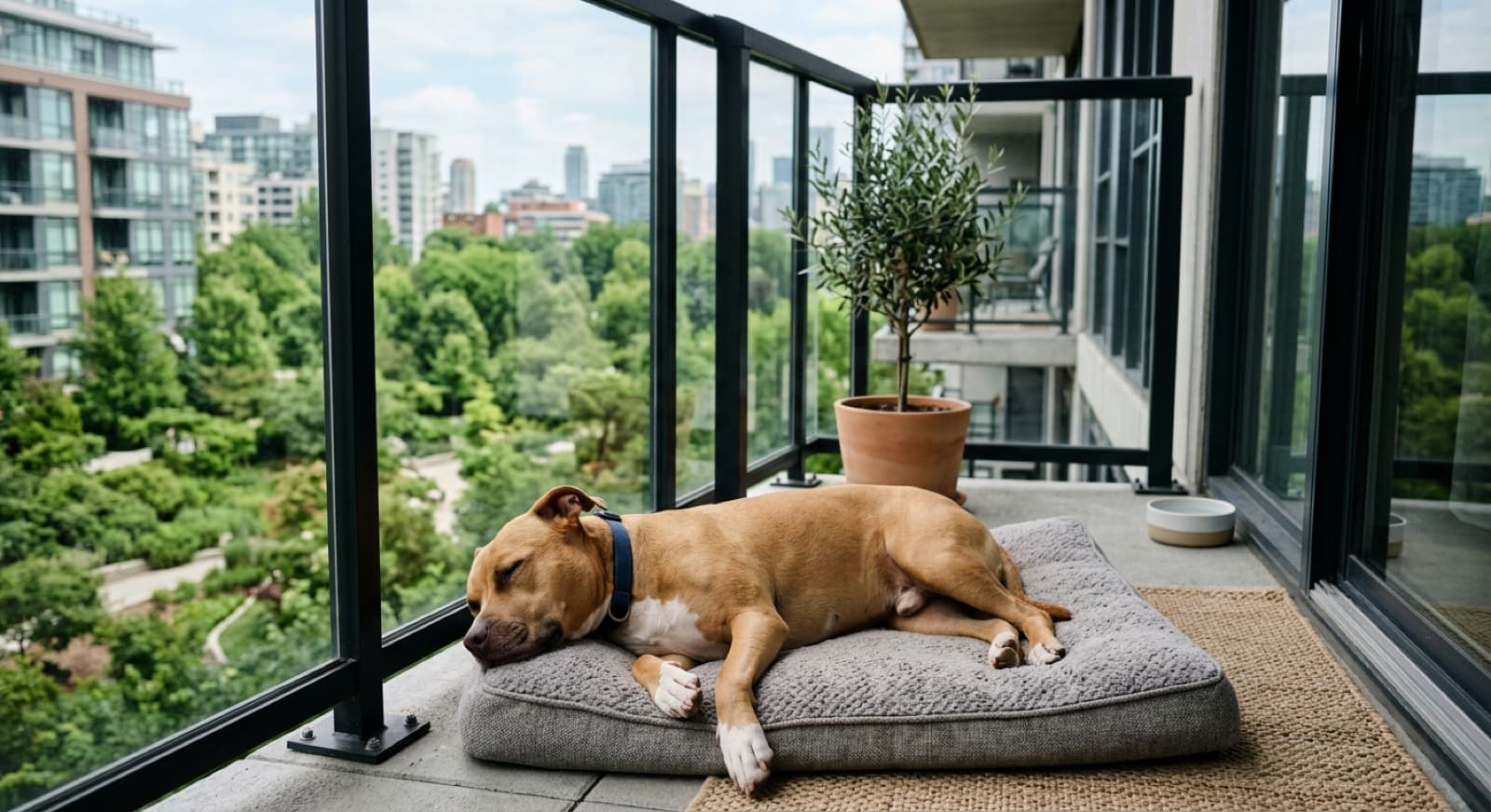 A relaxed pit-bull-type dog resting on the balcony of a Vancouver apartment