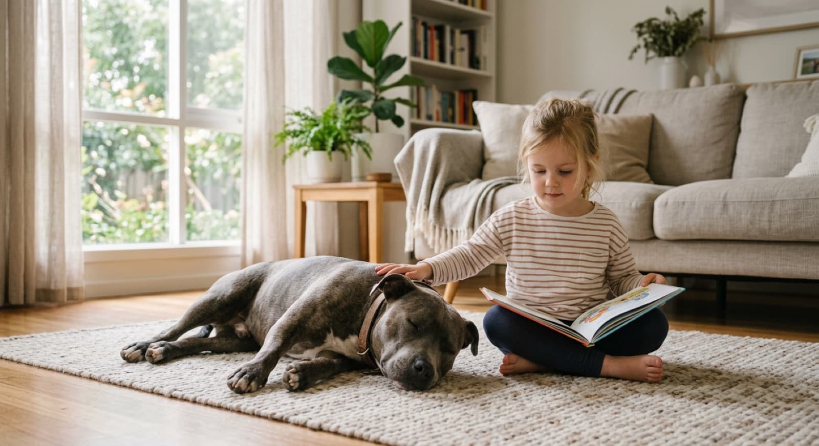 A calm pit-bull-type dog lying gently on a rug near a child in a bright living room
