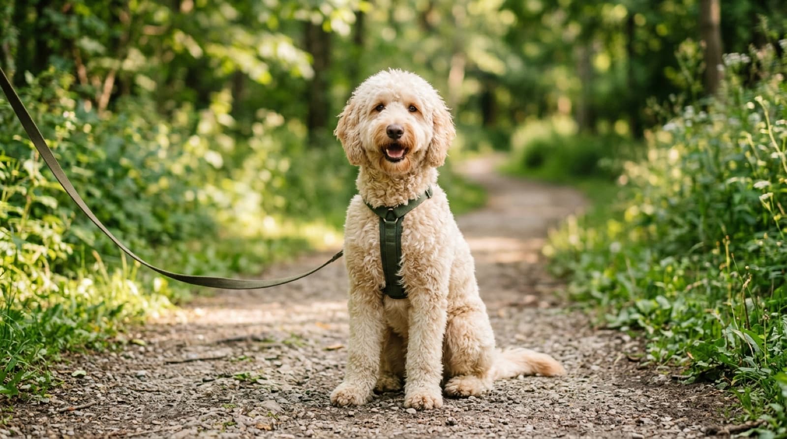 An adoptable curly-coated Doodle dog on a leash in a Toronto park