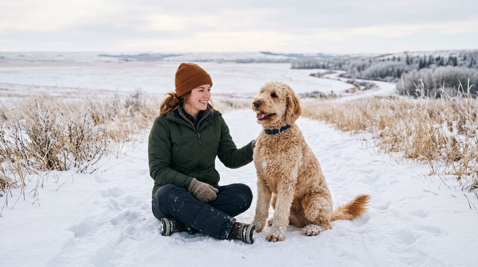 A curly-coated Doodle sitting beside a person on a snowy Winnipeg trail