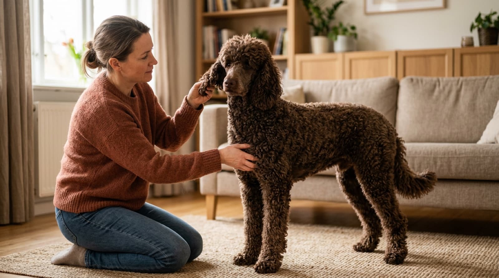 A Standard Poodle being examined gently by a person at home in Saskatoon
