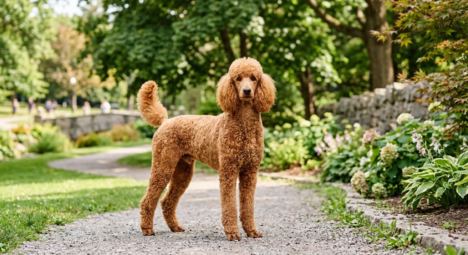 A healthy adult Poodle on a green Toronto trail