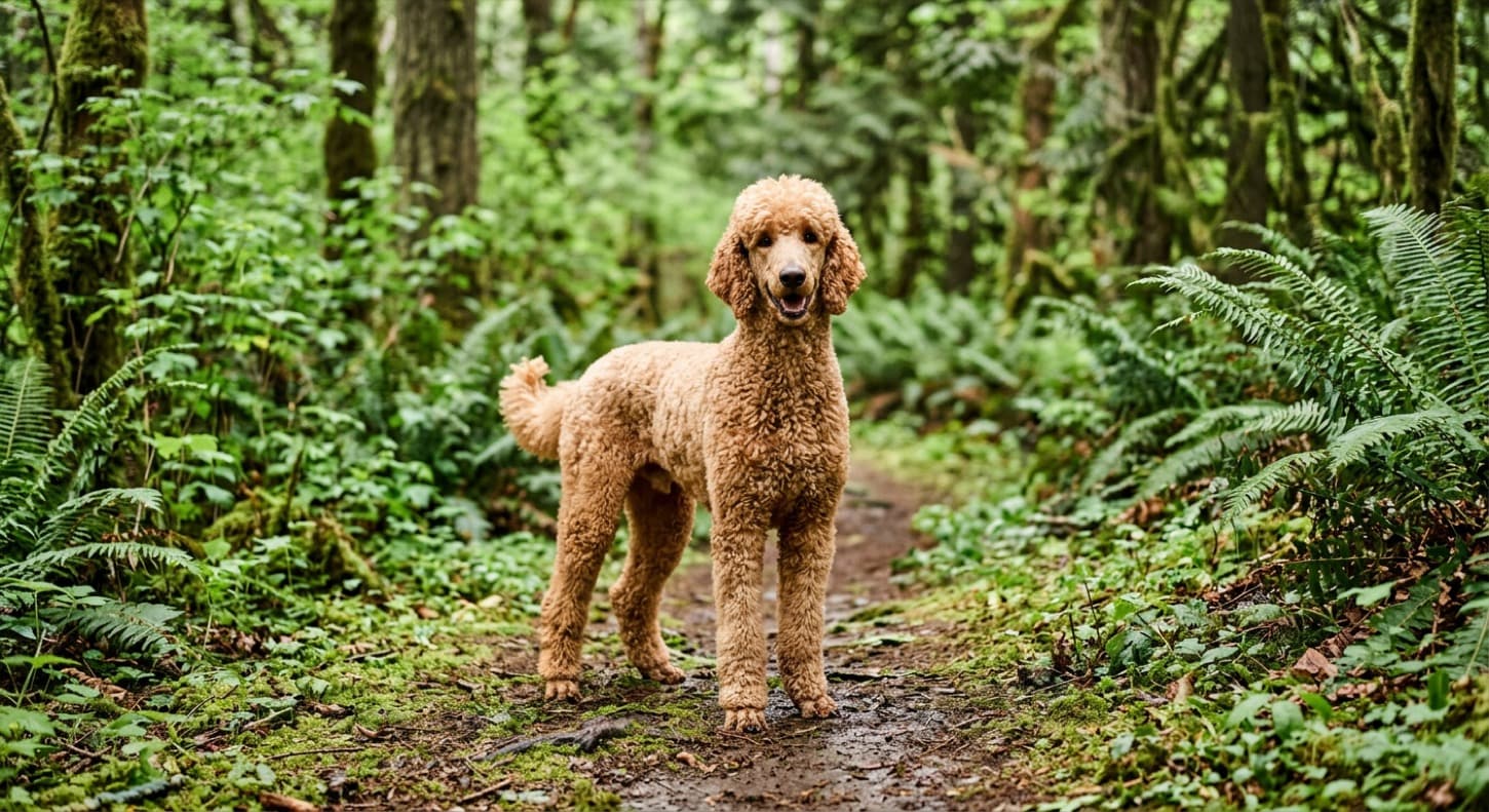 A healthy adult Poodle on a green Vancouver trail