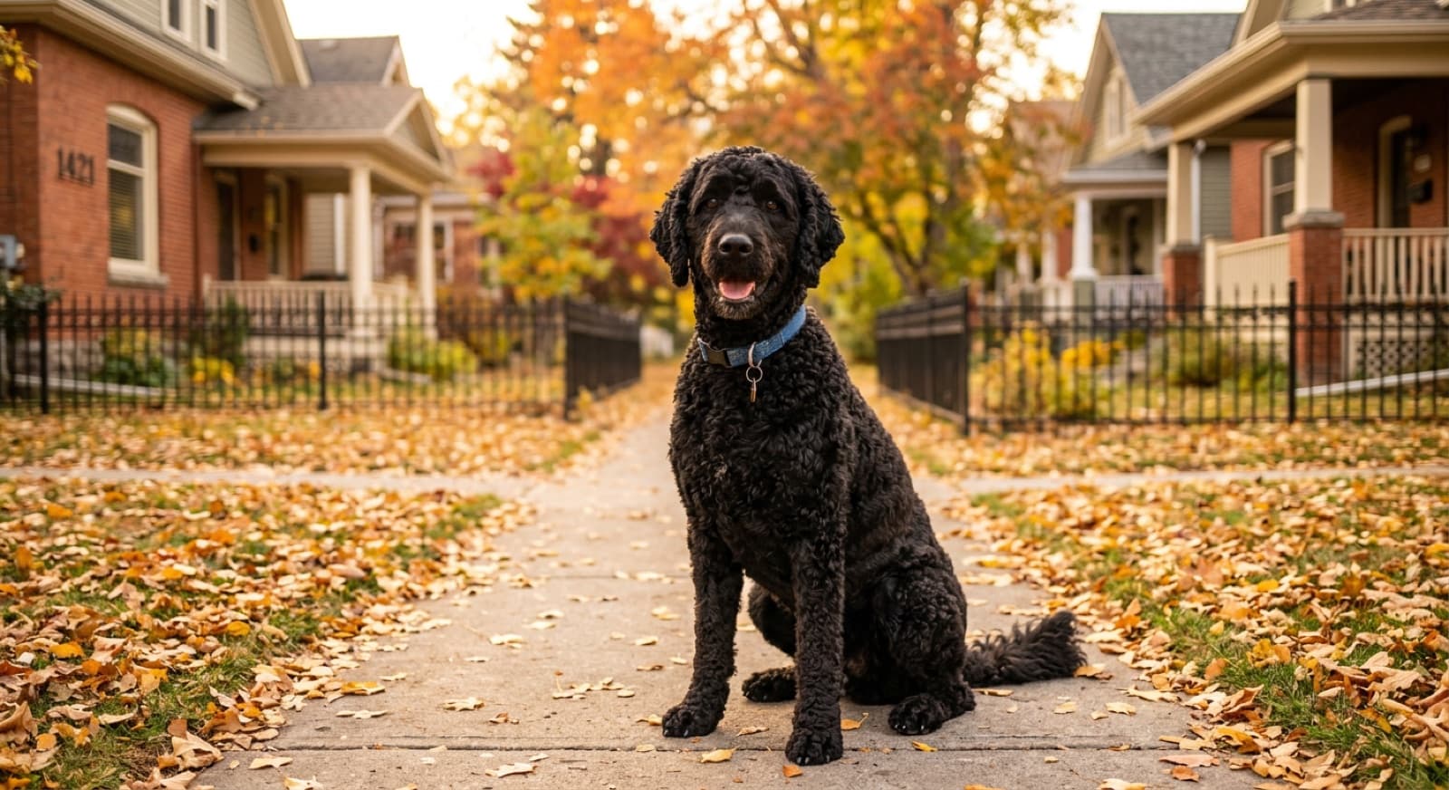 A black-and-white Portuguese Water Dog with a curly coat standing at the edge of the Bow River in Calgary in late spring, prairie grass and the downtown skyline in the background
