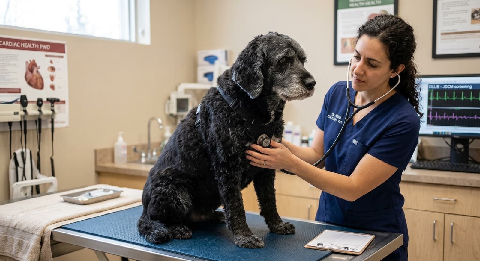 A healthy adult Portuguese Water Dog sitting calmly at a Calgary veterinary clinic during a routine wellness exam