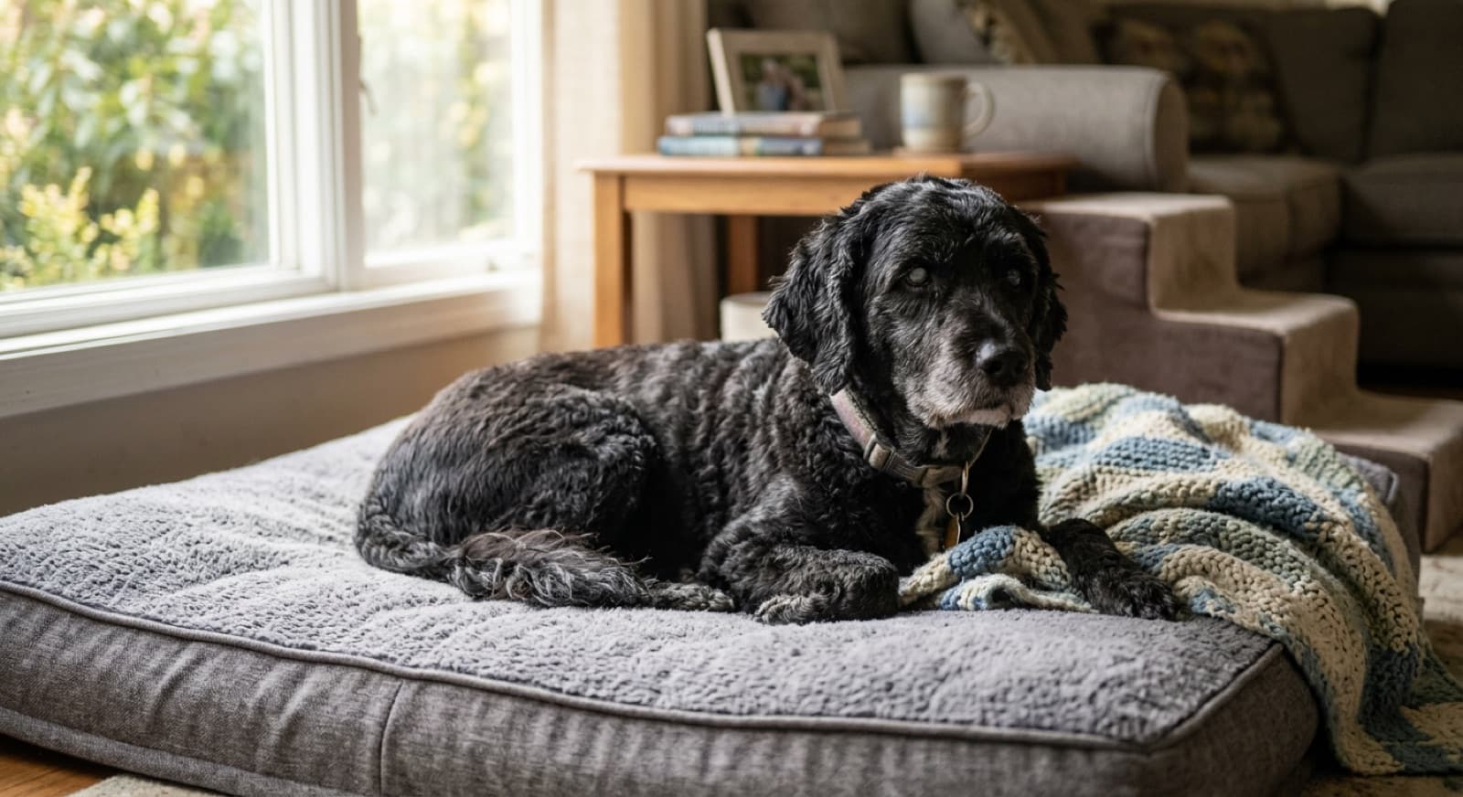 A senior Portuguese Water Dog resting on an orthopaedic dog bed in a Calgary home, calm and well cared for