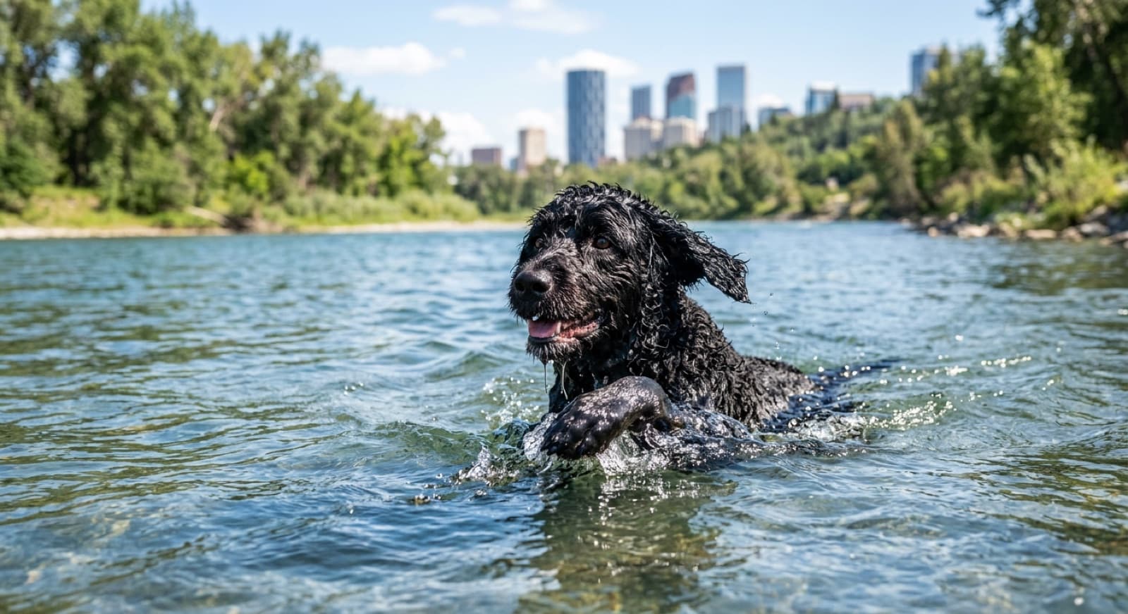 A black curly-coated Portuguese Water Dog sitting alert on a Calgary backyard deck in summer, showing the breed's sturdy 35 to 60 lb frame, eager expression, and signature non-shedding single coat