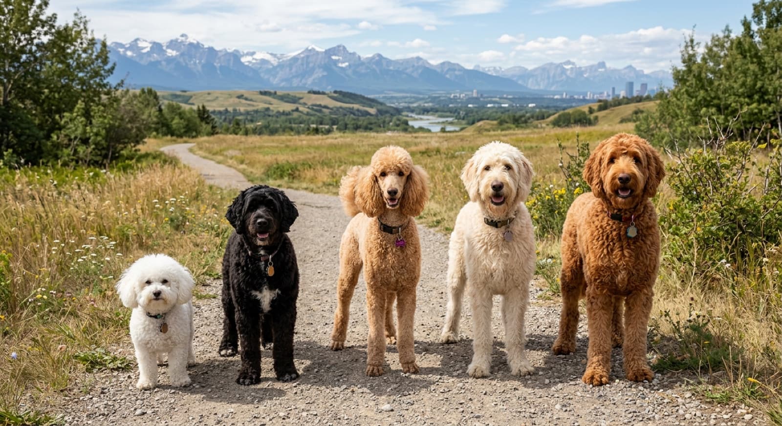 A Portuguese Water Dog, Standard Poodle, Goldendoodle, Labradoodle, and Bichon Frise standing together in a Calgary park, illustrating the size and coat differences between five low-shedding breeds popular with allergy-prone Calgary families