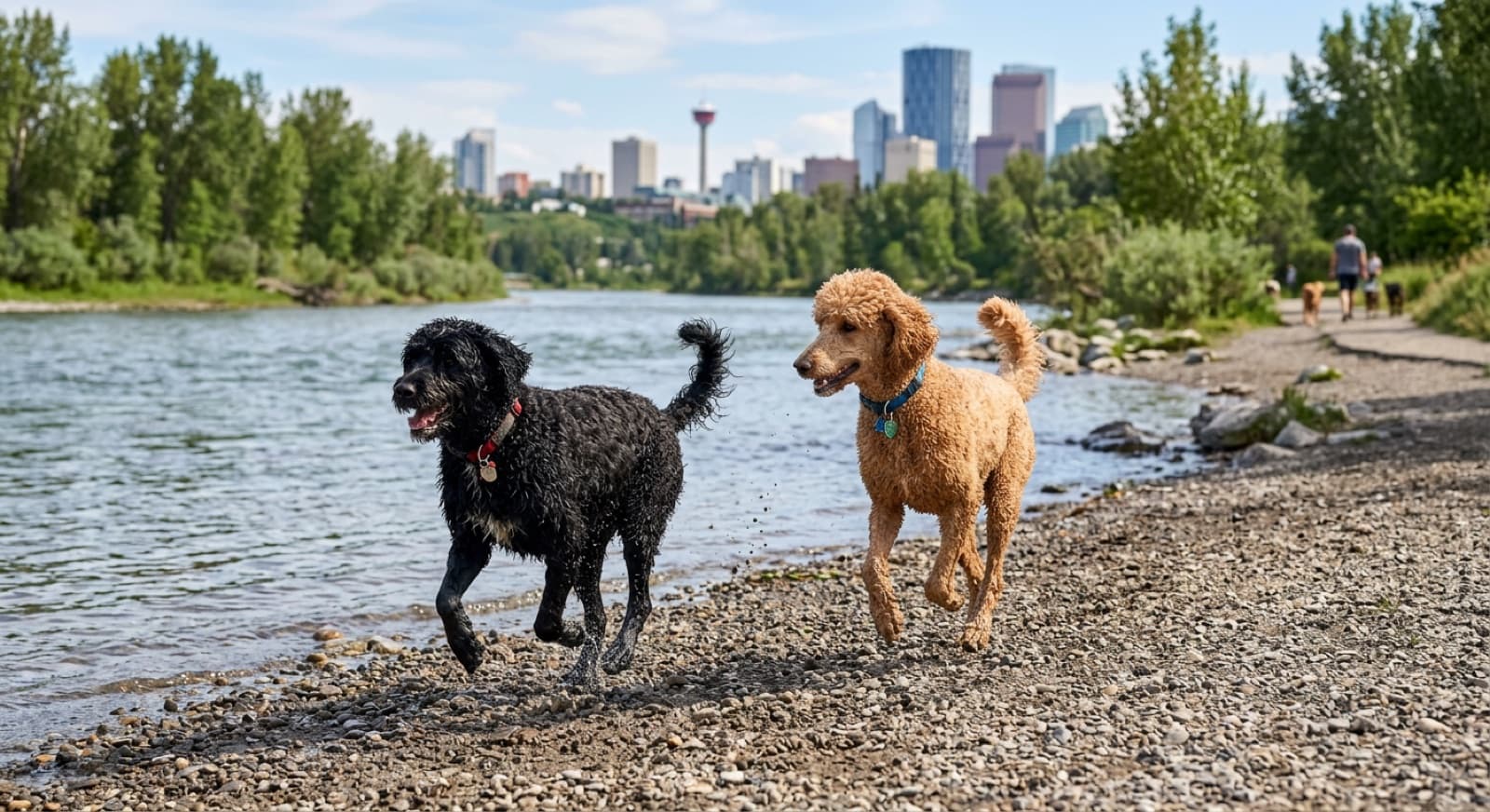 A Portuguese Water Dog and a Standard Poodle running side by side at a Calgary off-leash park, showing the similar curly coat type and athletic build of both low-shedding water-retriever breeds