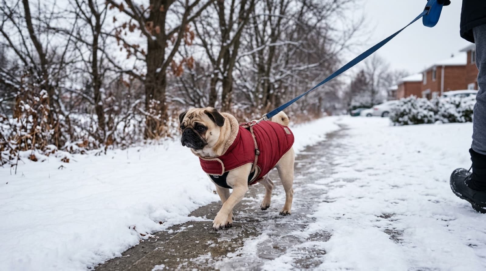 A fawn Pug wearing a small padded coat on a short winter walk on a snowy Calgary sidewalk