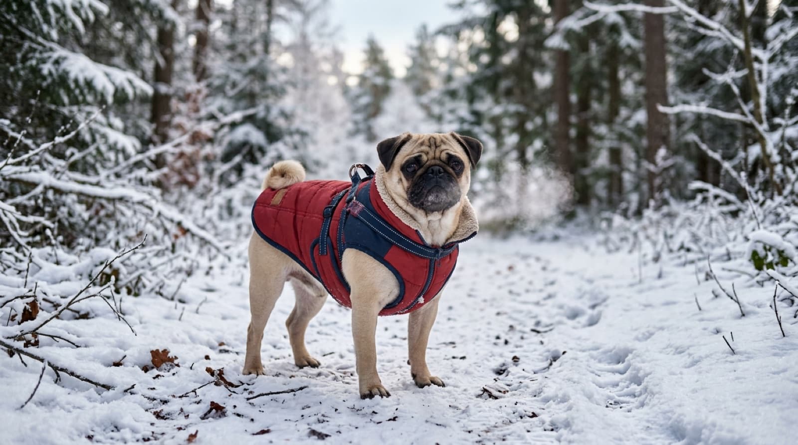 A fawn Pug in a warm padded winter coat standing briefly on a snowy Calgary path during a short cold-weather potty break