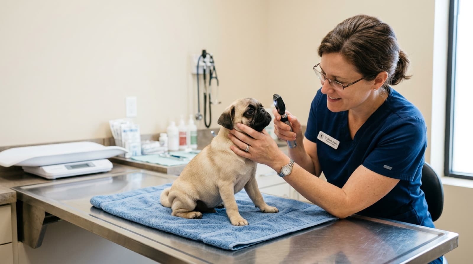 A veterinarian gently examining the face and eyes of a fawn Pug on an exam table in a Calgary veterinary clinic