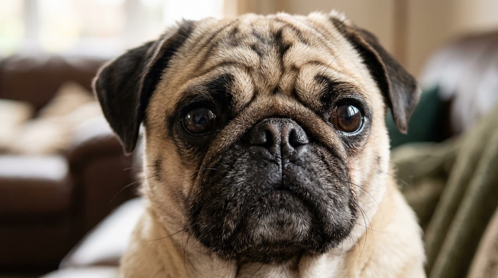 Close-up of a fawn Pug's wrinkled face and large dark eyes, illustrating the folds and prominent eyes that need routine care