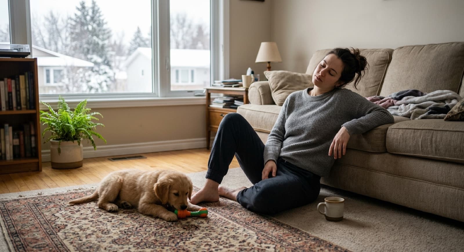 An exhausted new owner sitting on the living room floor with her eyes closed while a golden retriever puppy chews a toy on the rug beside her
