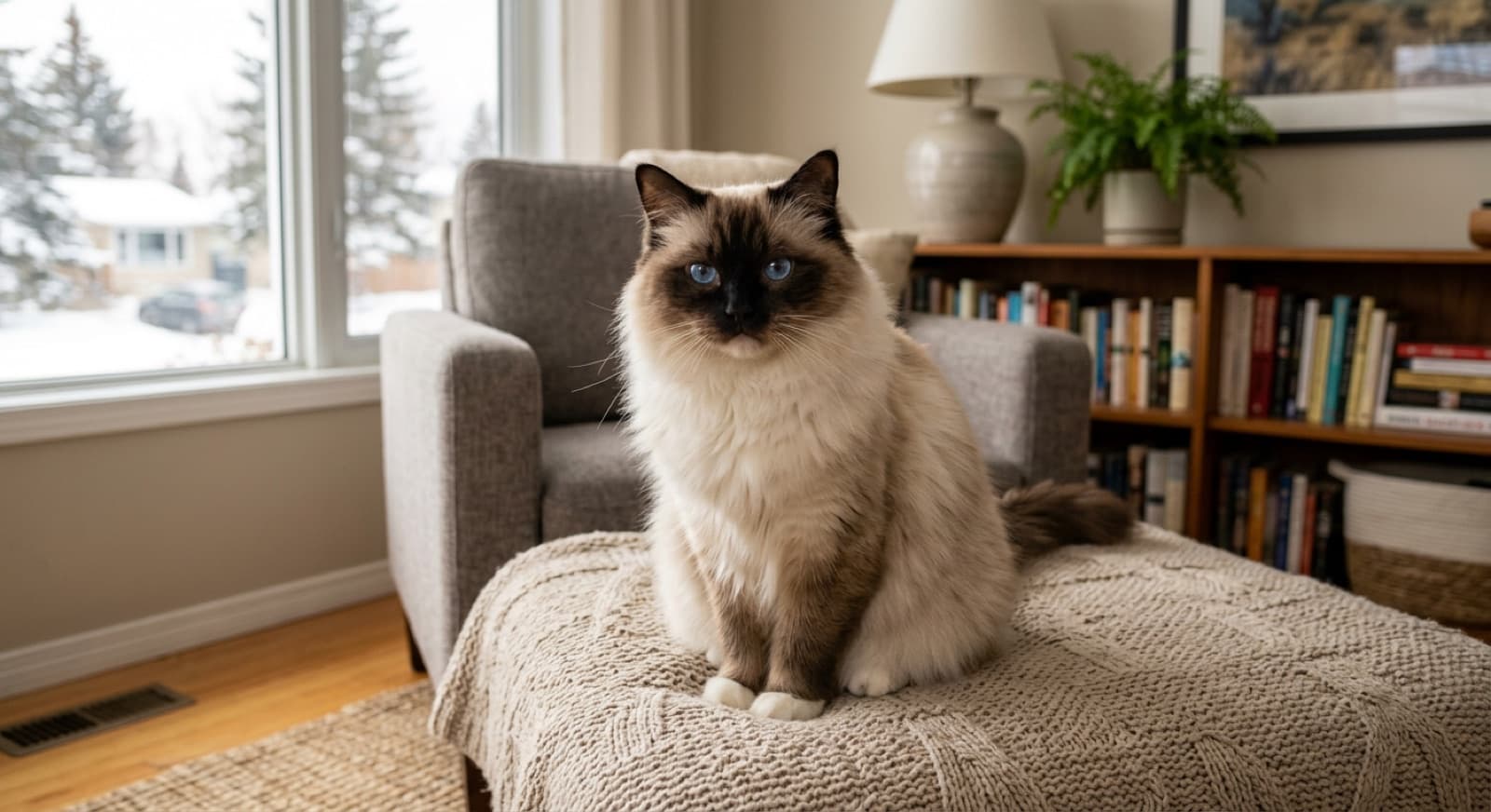 A blue-eyed seal-point Ragdoll cat with a semi-long silky coat lounging on an Edmonton living room couch in winter, the kind of gentle long-haired rescue cat Edmonton cat rescues occasionally receive as adult surrenders or retired breeder placements