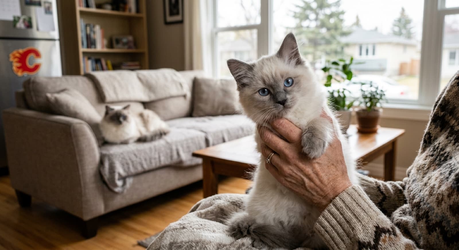 A blue-eyed seal-point Ragdoll cat with a semi-long silky coat lounging on a Calgary living room couch, the kind of gentle long-haired rescue cat Calgary cat rescues occasionally receive as adult surrenders or retired breeder placements