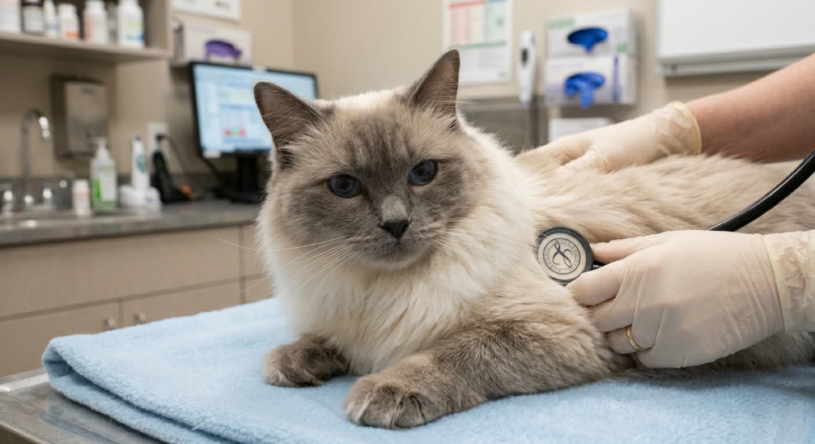 A healthy adult seal-point Ragdoll cat with blue eyes being examined by a veterinarian at an Edmonton veterinary clinic during a routine wellness exam