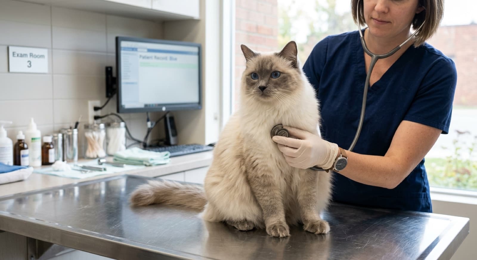 A healthy adult seal-point Ragdoll cat with blue eyes being examined by a veterinarian at a Calgary veterinary clinic during a routine wellness exam