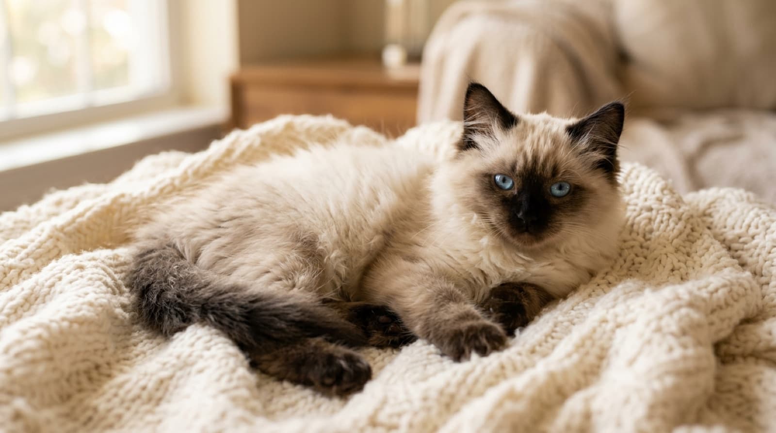 A fluffy blue-eyed Ragdoll kitten with colourpoint markings lounging on a soft blanket