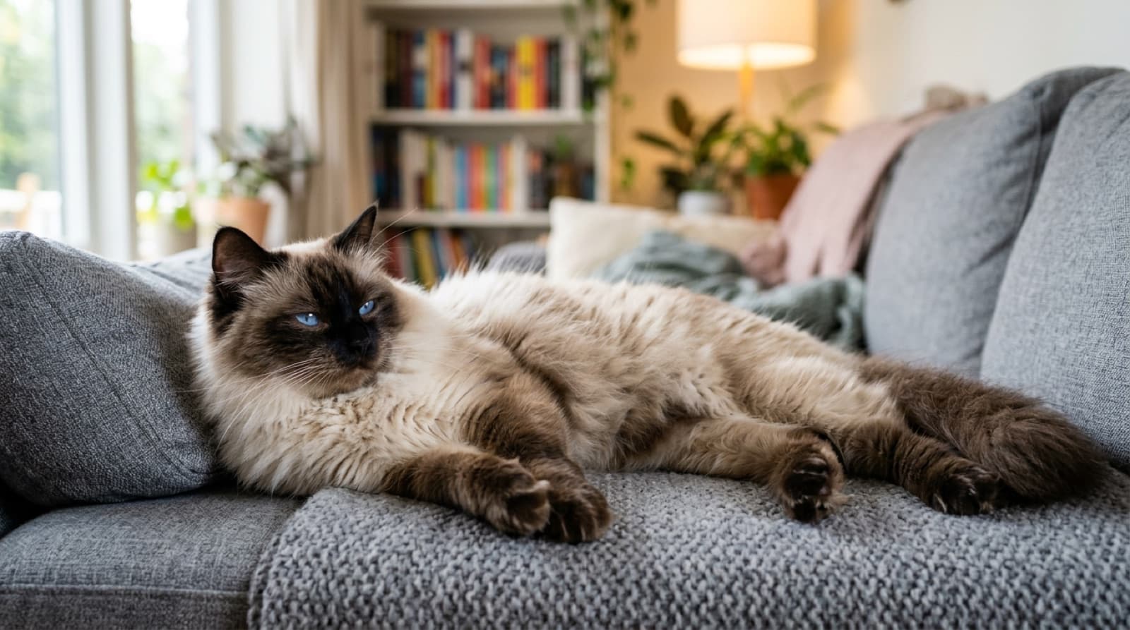 A relaxed blue-eyed colourpoint long-haired rescue cat sprawled on a couch at home