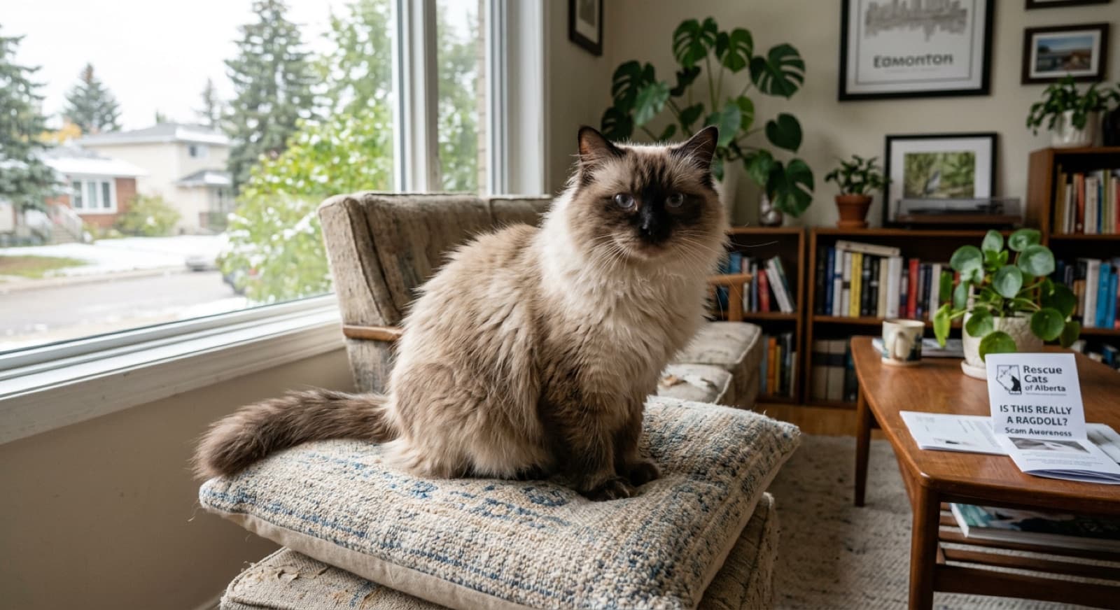 A blue-eyed colour-pointed Ragdoll-type cat being met in person by an Edmonton adopter in a foster home, the in-person verification step that scam listings never allow
