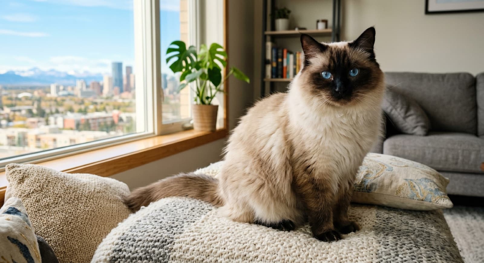 A blue-eyed color-pointed Ragdoll-type cat being met in person by a Calgary adopter in a foster home, the in-person verification step that scam listings never allow
