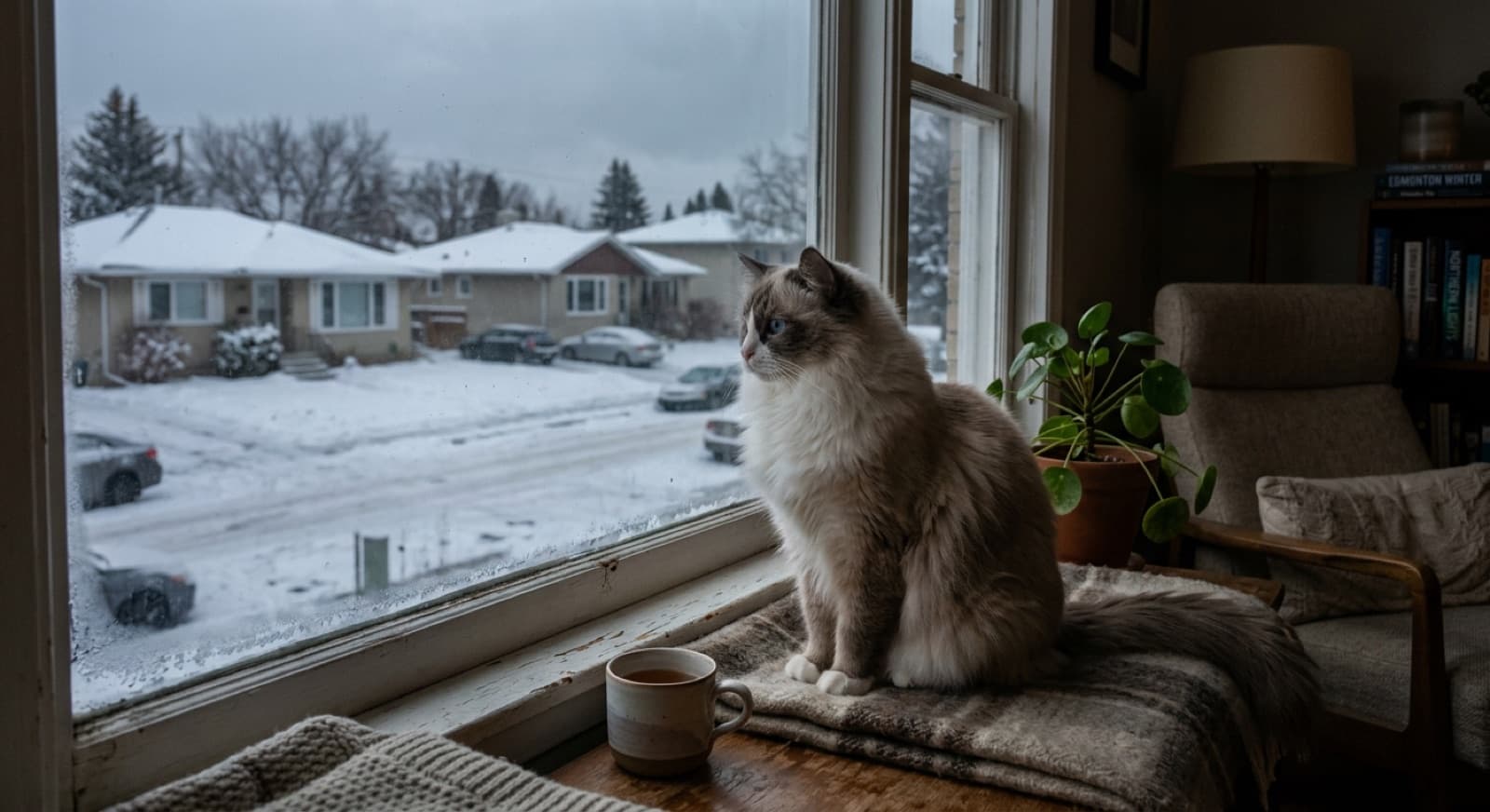 A blue-eyed colourpoint Ragdoll cat sitting on a window perch watching birds in an Edmonton home during winter, illustrating environmental enrichment for separation anxiety mitigation in dark prairie winters