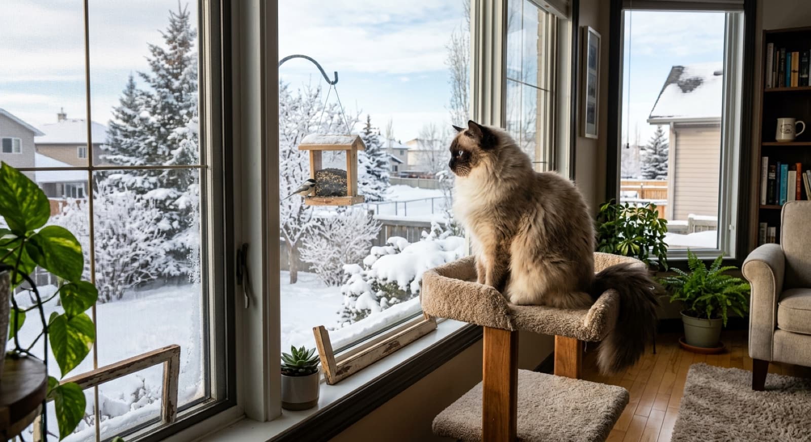 A blue-eyed colourpoint Ragdoll cat sitting on a window perch watching birds in a Calgary home, illustrating environmental enrichment for separation anxiety mitigation