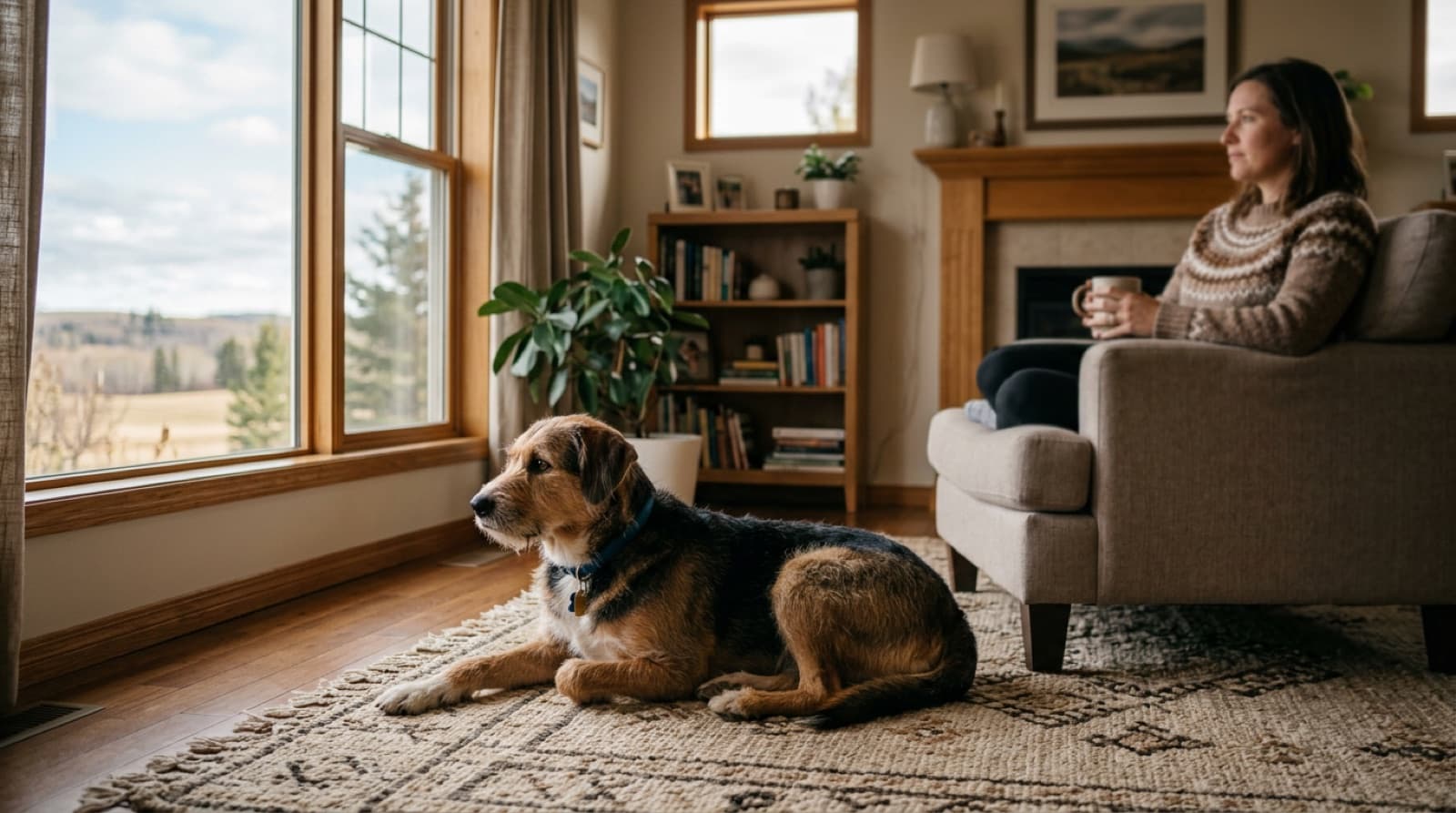 A calm dog resting at home in Alberta while its owner considers rehoming options