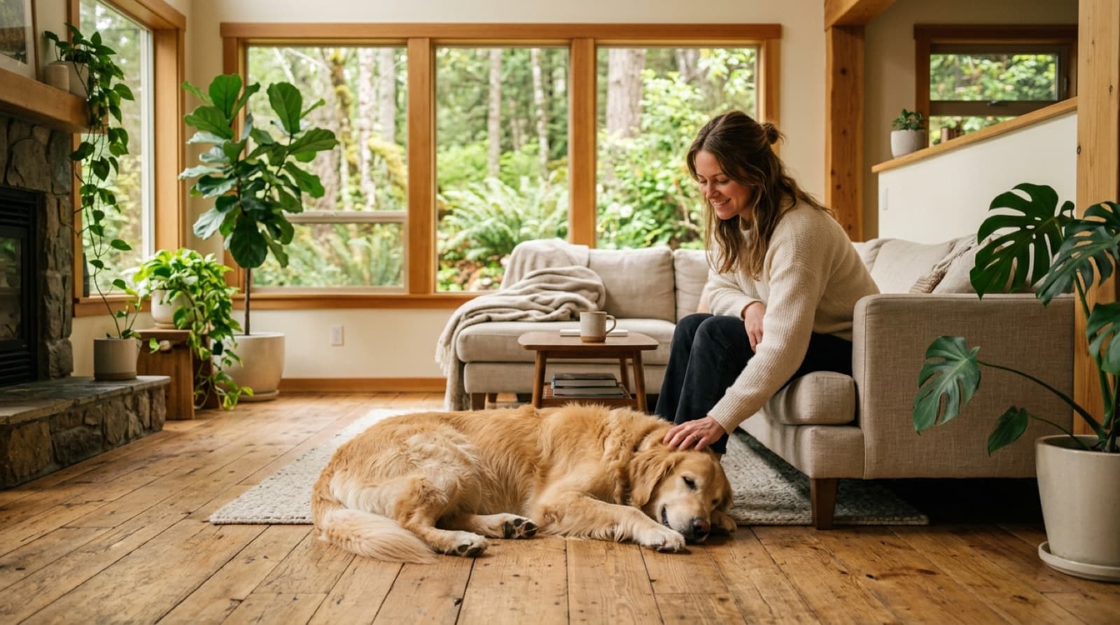 A calm dog resting at home in British Columbia while its owner considers rehoming options