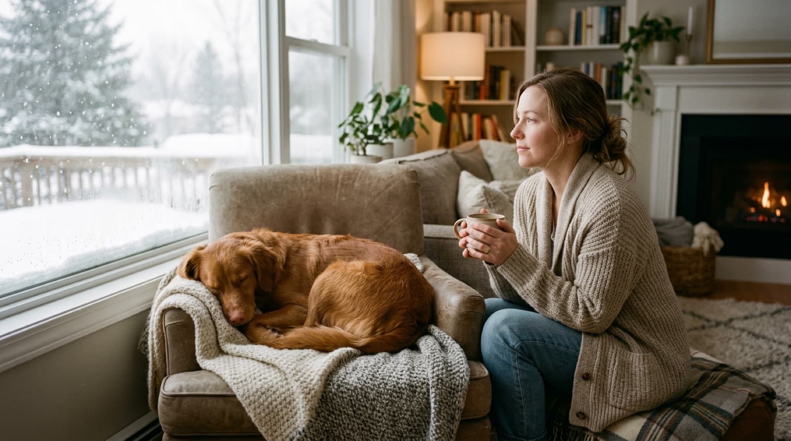 A calm dog resting at home in Manitoba while its owner considers rehoming options