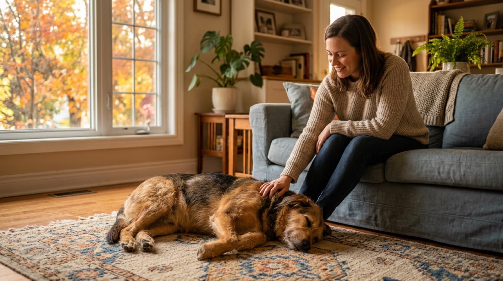 A calm dog resting at home in Ontario while its owner considers rehoming options