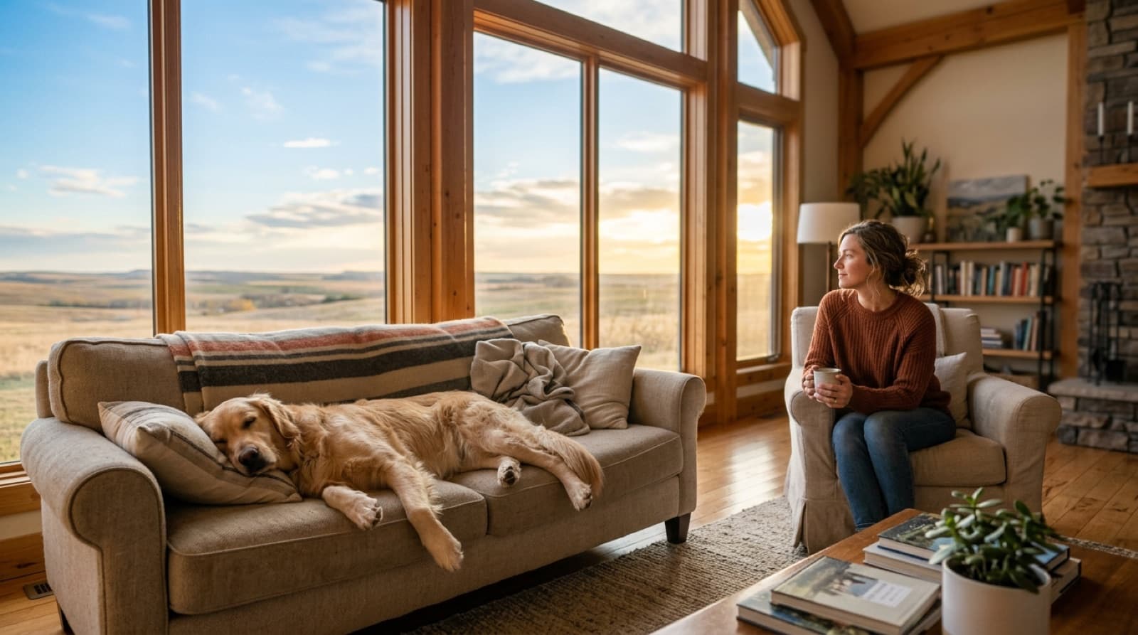 A calm dog resting at home in Saskatchewan while its owner considers rehoming options